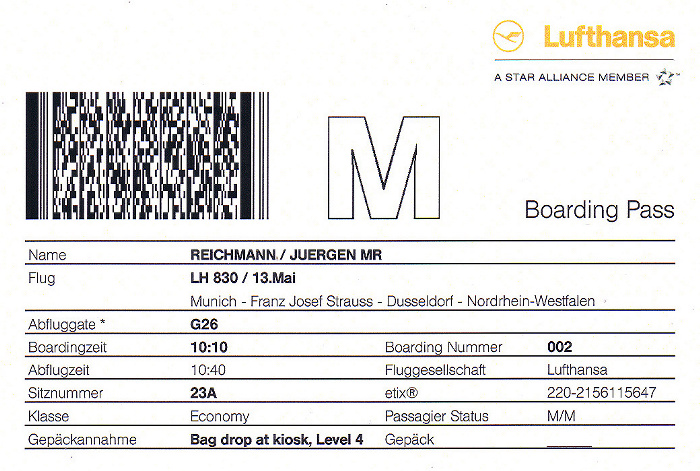 Bordkarte Flug München - Düsseldorf (Lufthansa)