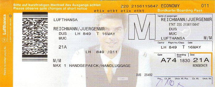 Bordkarte Flug Düsseldorf - München (Lufthansa)