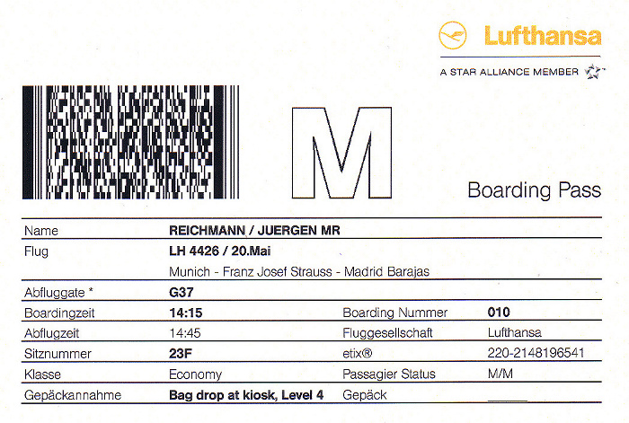 Flug Bordkarte München - Madrid (Lufthansa)
