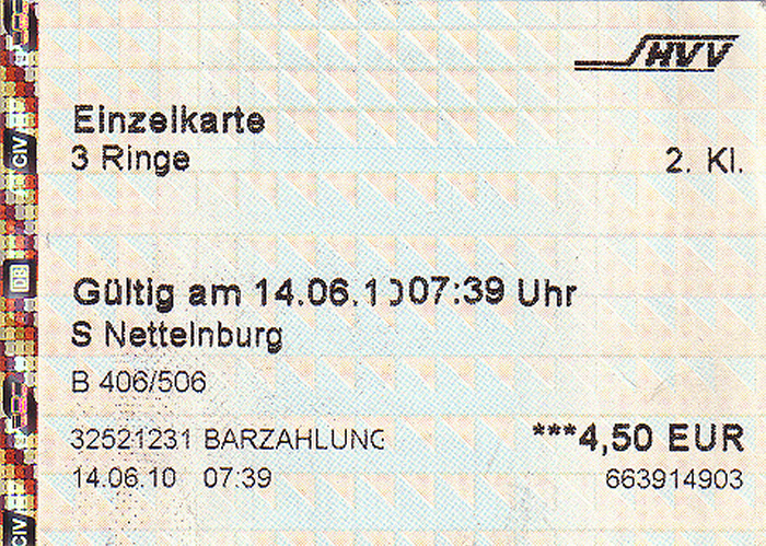 Hamburg HVV-Einzelkarte 3 Ringe (Nettelnburg - Flughafen)