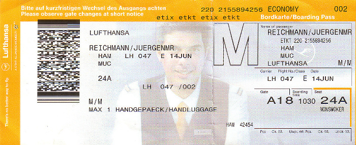 Bordkarte Flug Hamburg - München (Lufthansa)