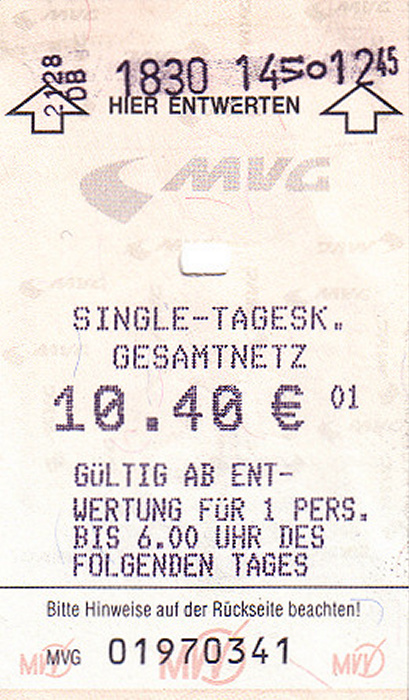 München MVV Single-Tageskarte Gesamtnetz