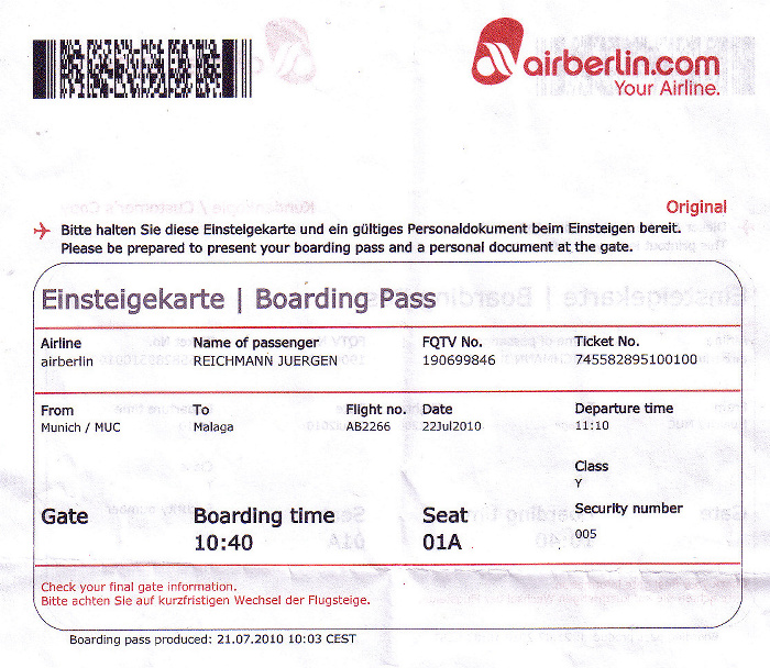 Bordkarte Flug München - Malaga (Air Berlin)