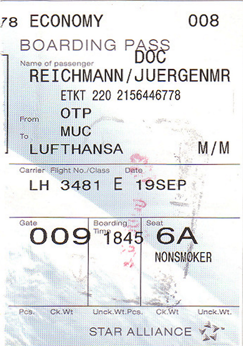 Bordkarte Flug Bukarest - München (Lufthansa)