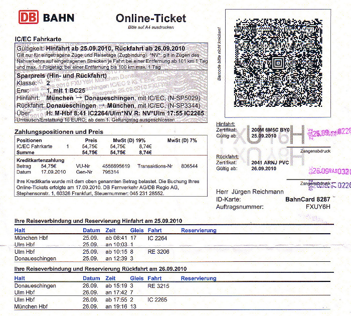 Bahnfahrkarte München - Donaueschingen 25.9. / Donaueschingen - München 26.9.