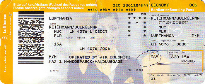 Bordkarte Flug München - Florenz (Lufthansa)