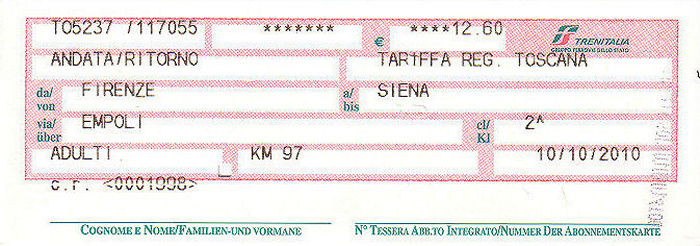 Bahnfahrkarte Florenz - Siena / Siena - Empoli