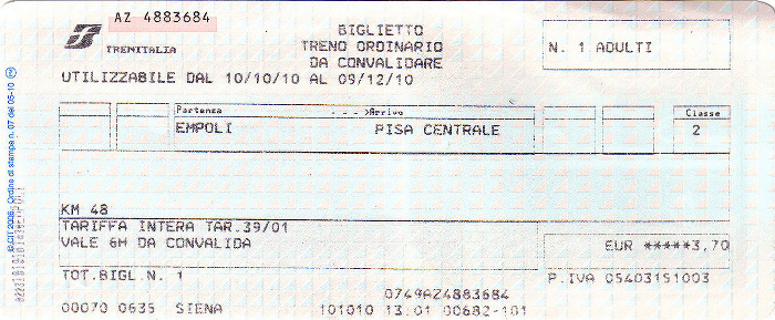 Bahnfahrkarte Empoli - Pisa Centrale
