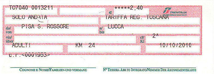 Bahnfahrkarte Pisa San Rossore - Lucca