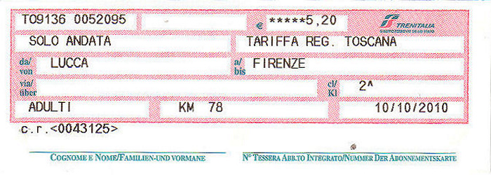Bahnfahrkarte Lucca - Florenz