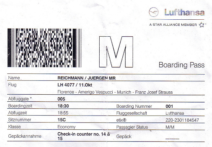 Bordkarte Flug Florenz - München (Lufthansa)