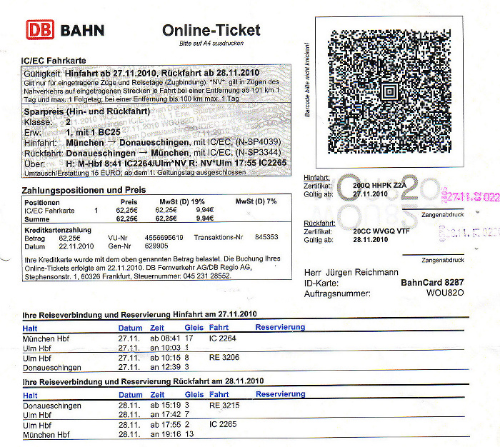 Bahnfahrkarte München - Ulm - Donaueschingen 27.11. / Donaueschingen - Ulm - München 28.11.