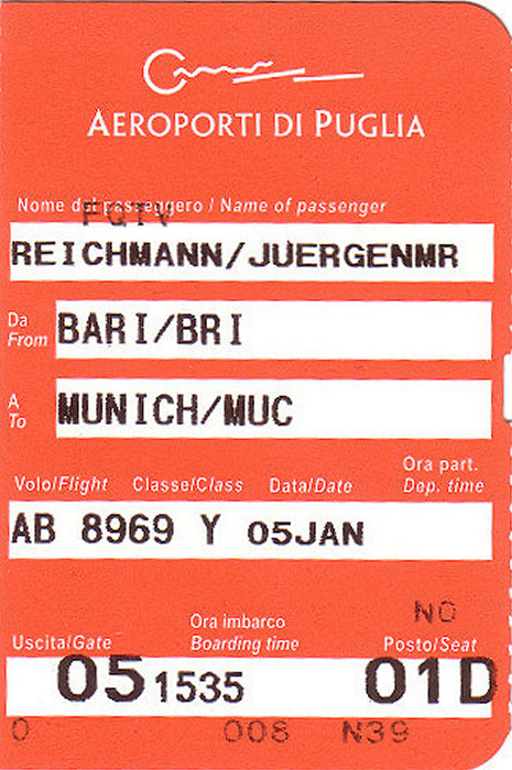 Bordkarte Flug Bari - München (Air Berlin)