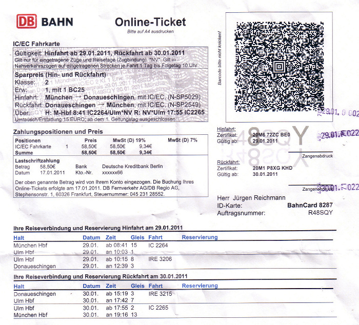 Bahnfahrkarte München - Ulm - Donaueschingen 29.1. / Donaueschingen - Ulm - München 30.1.