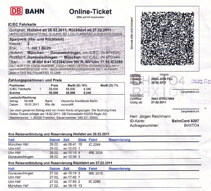 Bahnfahrkarte München - Ulm - Donaueschingen 26.2. / Donaueschingen - Ulm - München 27.2.