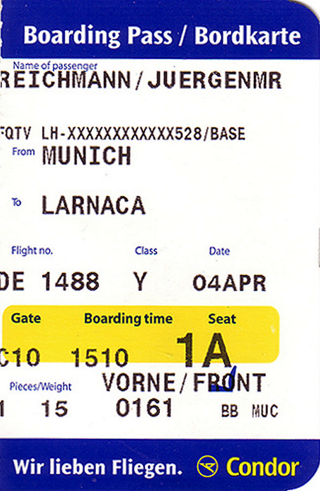 Bordkarte Flug München - Larnaka (Condor)