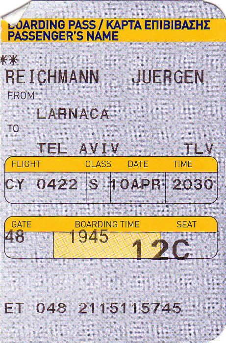 Bordkarte Flug Larnaka - Tel Aviv (Cyprus Airways)