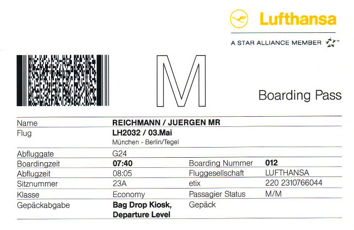 Bordkarte Flug München - Berlin-Tegel (Lufthansa)