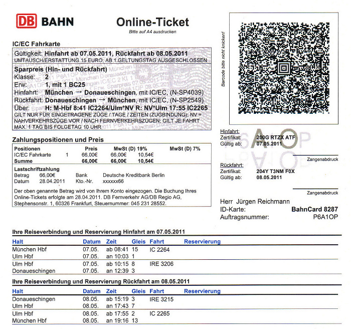 Bahnfahrkarte München - Ulm - Donaueschingen 7.5. / Donaueschingen - Ulm - München 8.5.