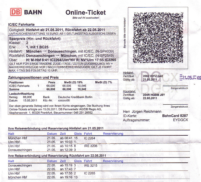Bahnfahrkarte München - Ulm - Donaueschingen 21.5. / Donaueschingen - Ulm - München 22.5.