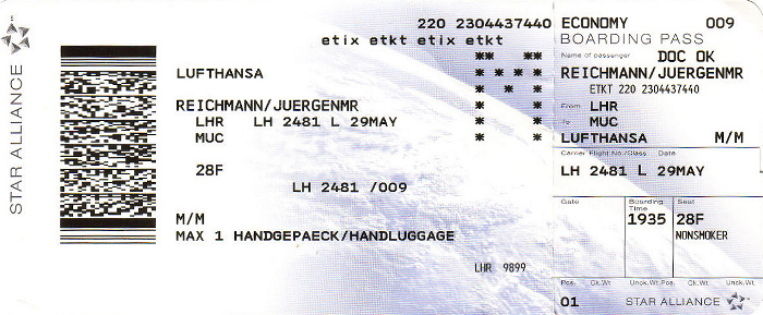 Bordkarte Flug London-Heathrow - München (Lufthansa)