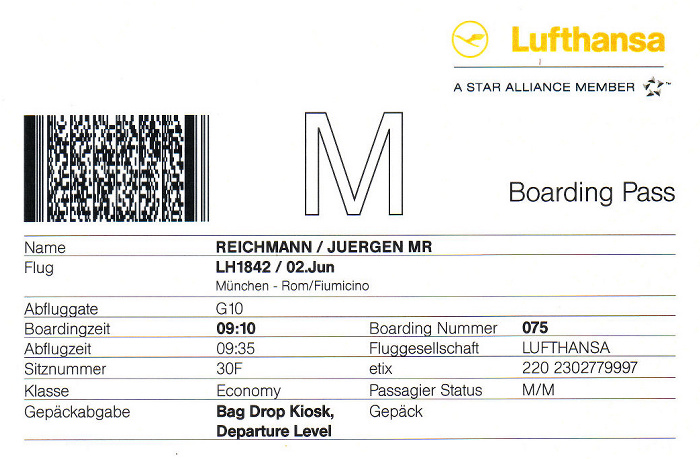 Bordkarte Flug München - Rom-Fiumicino (Lufthansa)