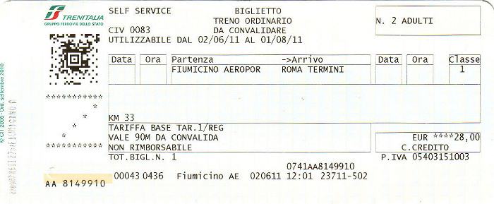 Rom Bahnfahrkarte Flughafen Fiumicino - Bahnhof Termini