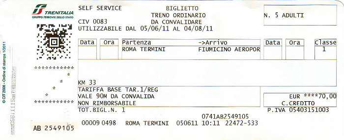 Rom Bahnfahrkarte Bahnhof Termini - Flughafen Fiumicino