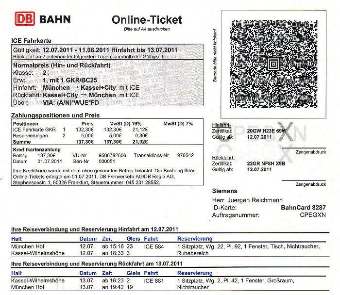 Bahnfahrkarte München - Kassel 12.7. / Kassel - München 13.7.