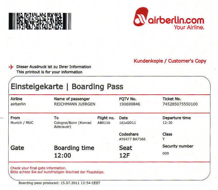 Bordkarte Flug München - Köln/Bonn (Air Berlin)