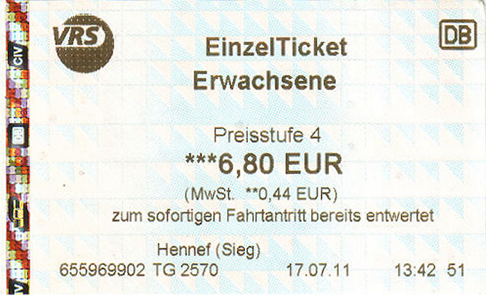 S-Bahnfahrkarte Hennef - Troisdorf - Flughafen Köln/Bonn