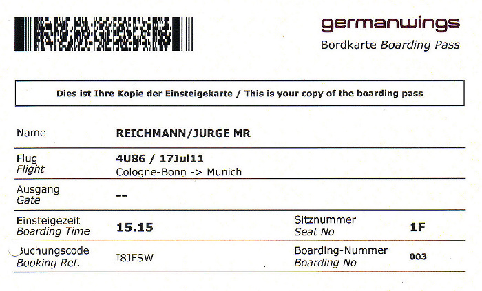 Bordkarte Flug Köln/Bonn - München (germanwings)