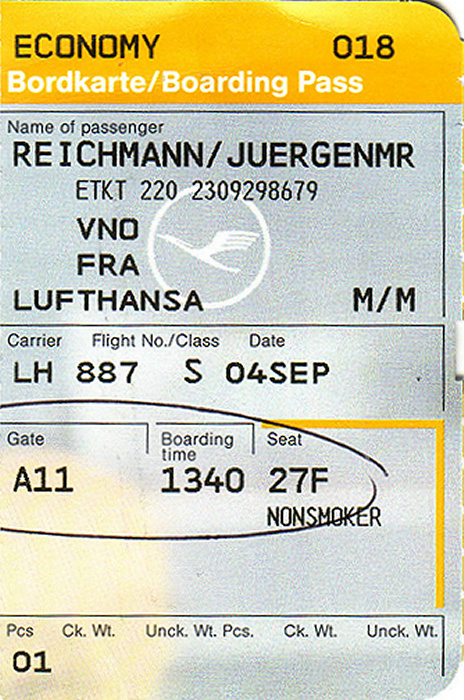 Bordkarte Flug Vilnius - Frankfurt (Lufthansa)