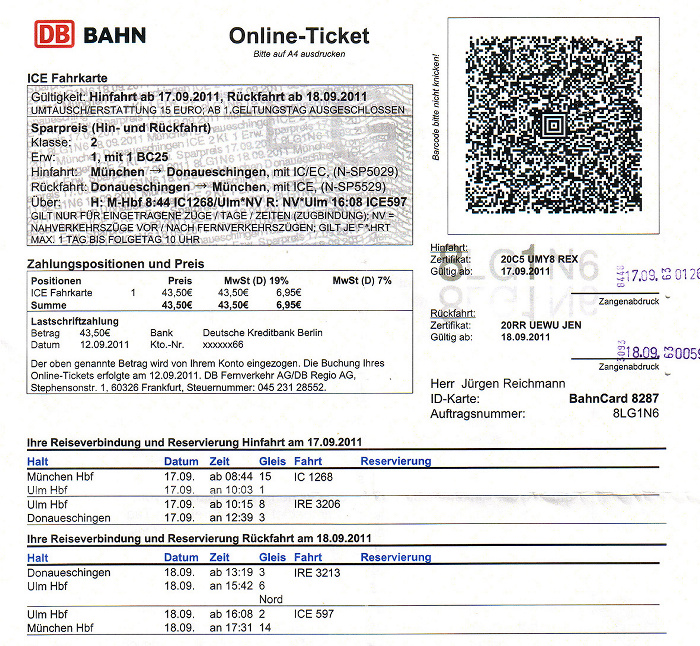 Bahnfahrkarte München - Ulm - Donaueschingen 17.9. / Donaueschingen - Ulm - München 18.9.