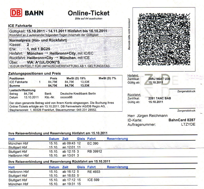 Bahnfahrkarte München - Stuttgart - Heilbronn / Heilbronn - Stuttgart - München
