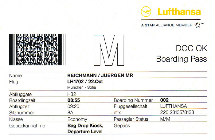Bordkarte Flug München - Sofia (Lufthansa)
