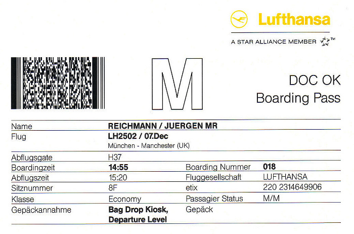 Bordkarte Flug München - Manchester (British Midlands / Lufthansa)