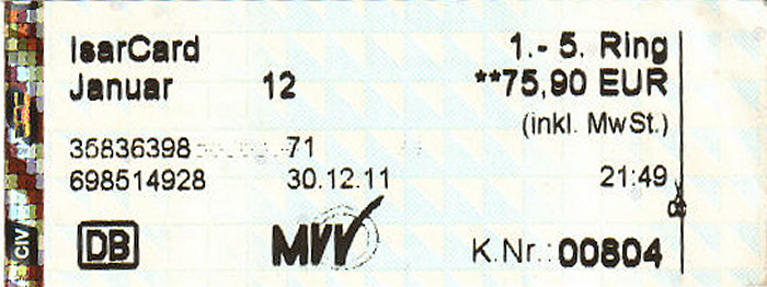München MVV Isarcard Januar 2012 (1.-5. Ring)