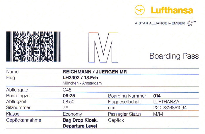 Bordkarte Flug München - Amsterdam (Lufthansa)