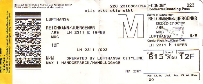Bordkarte Flug Amsterdam - München (Lufthansa)