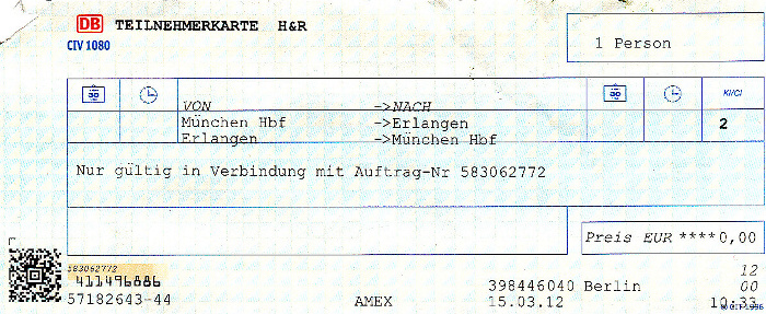 Teilnehmerkarte München - Nürnberg - Erlangen / Erlangen - Nürnberg - München