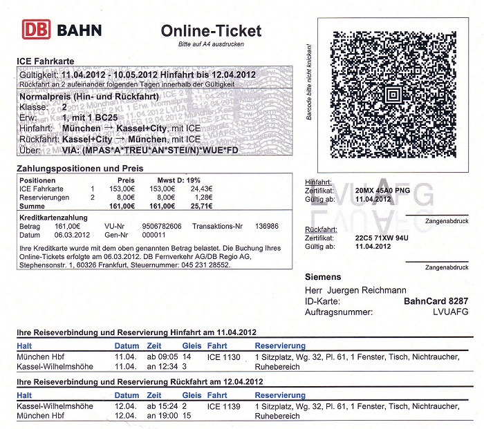 Bahnfahrkarte München - Kassel 11.4. / Kassel - München 12.4.