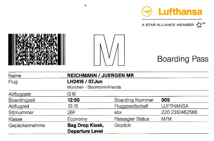 Bordkarte Flug München - Stockholm (Lufthansa)