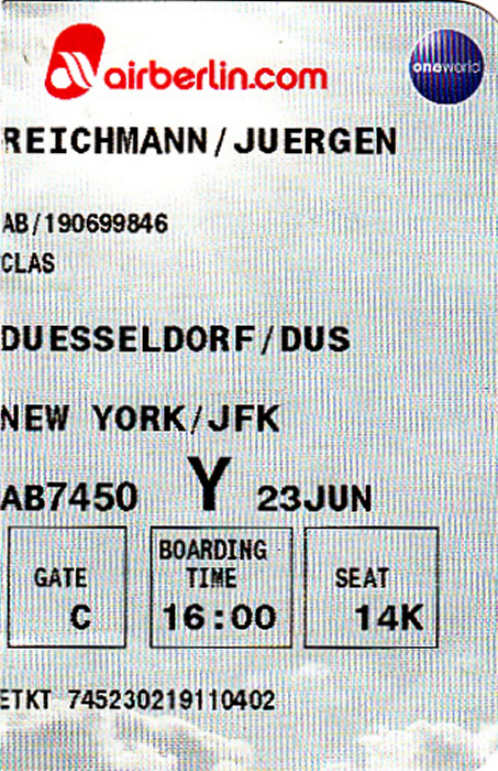 Bordkarte Flug Düsseldorf - New York-JFK (Air Berlin)