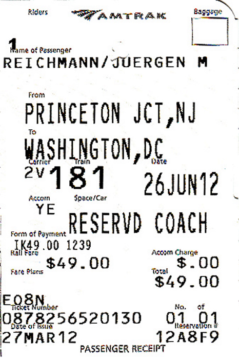 Bahnfahrkarte Princeton Junction - Washington (Amtrak)