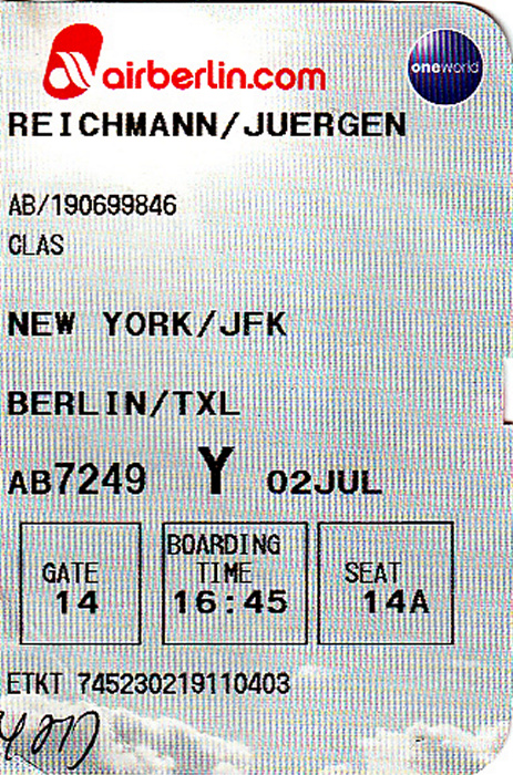 New York City Bordkarte Flug New York-JFK - Berlin-Tegel 2./3.7. (Air Berlin)