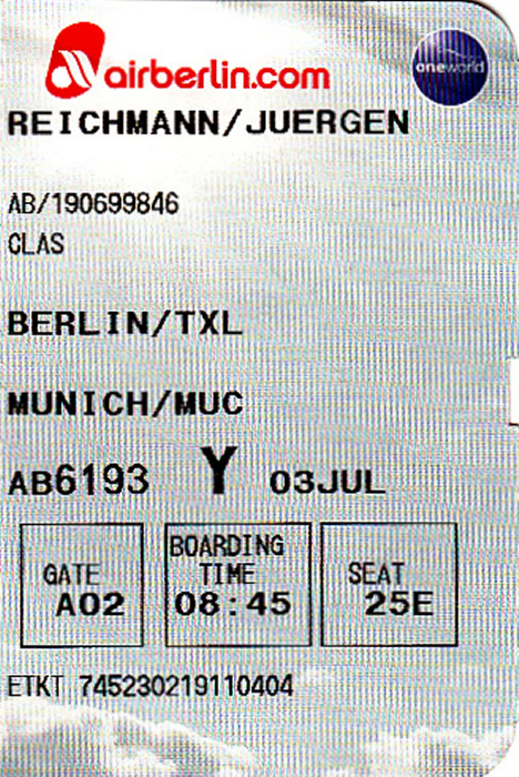 Bordkarte Flug Berlin-Tegel - München (Air Berlin)