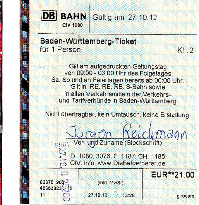 Baden-Württemberg-Ticket: Donaueschingen - Karlsruhe - Waldbronn-Reichenbach