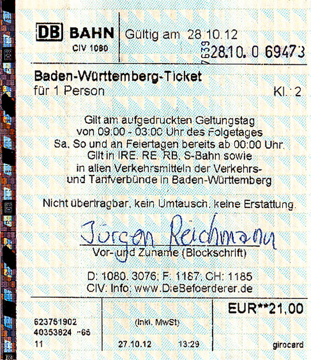 Baden-Württemberg-Ticket: Waldbronn-Reichenbach - Karlsruhe - Donaueschingen