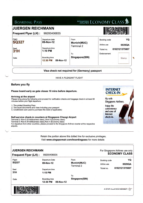 Bordkarte Flug München - Singapur (Singapore Airlines) 9./10.11.